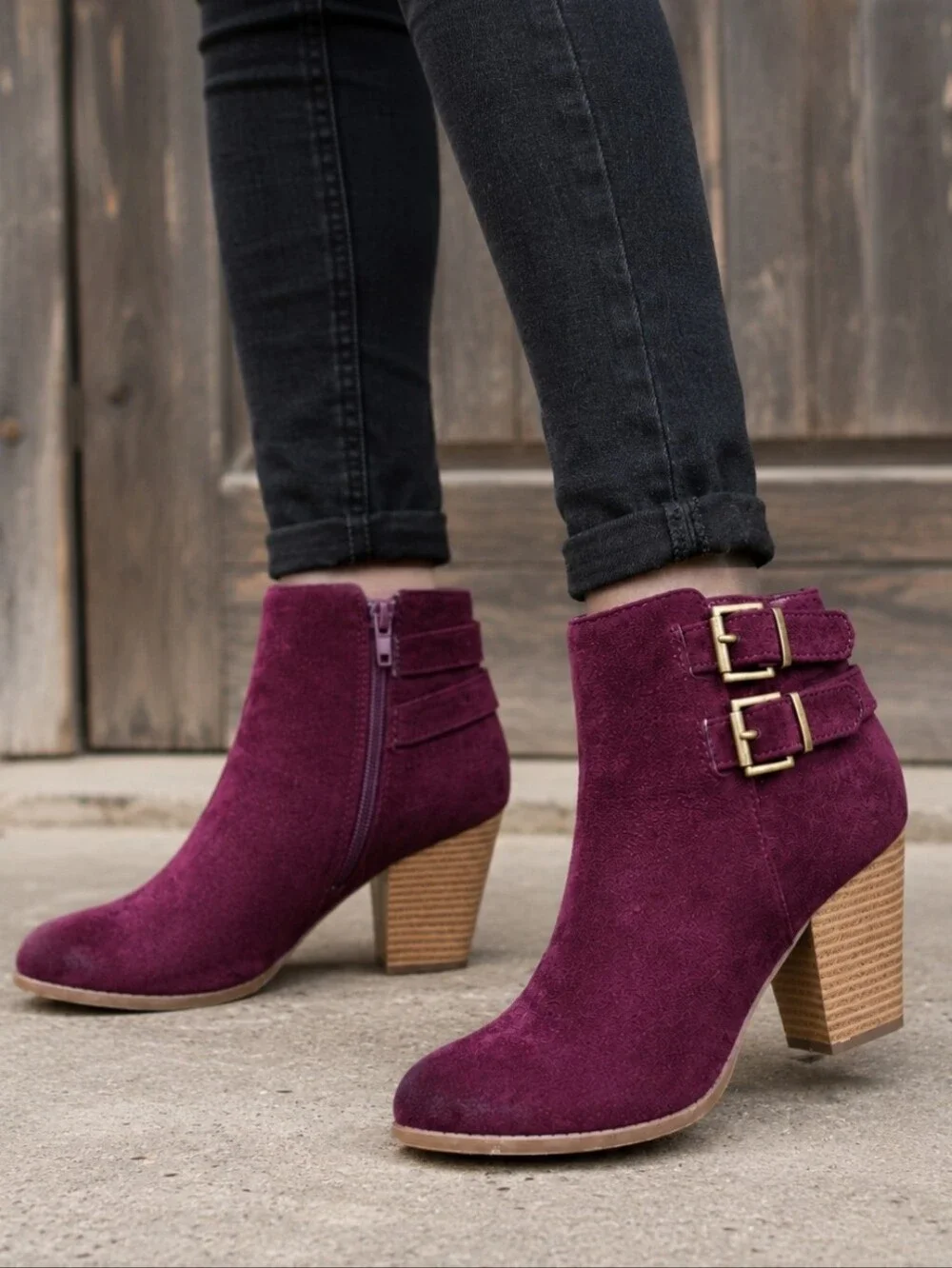 Charlotte Russe Lux Y2K Boho Glam Burgundy Double Buckle Block Heel Bootie 7M